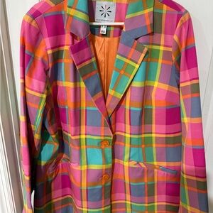 Isaac Mizrahi Pink and Orange Blazer with Bold Plaid Design